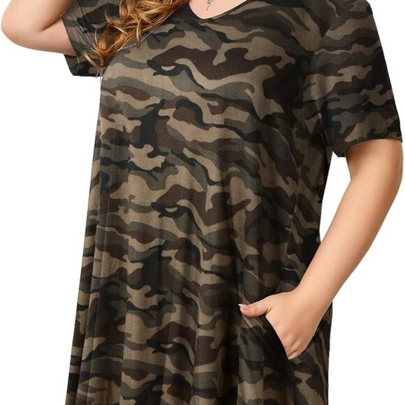 Plus Size Women's V-Neck T-Shirt Dress Casual Short Sleeve A-Line Pockets - Picture 2 of 4